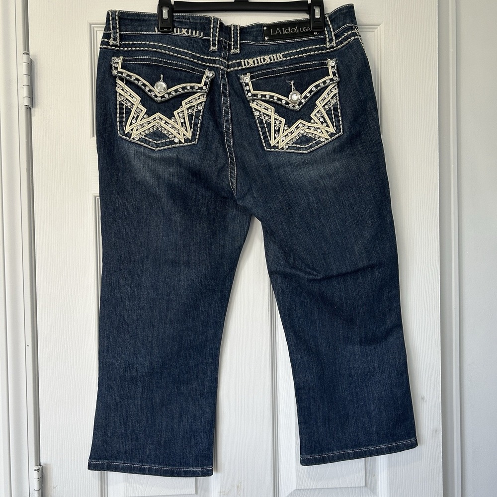L.A Idol USA Capri Cropped Jeans Womens 15‎ Blue Dark Wash Denim Embroidered Zip